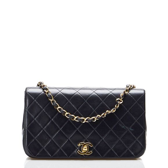 Chanel Matelasse Full Flap Chain Shoulder Bag Black Gold Leather - Picture 1 of 10